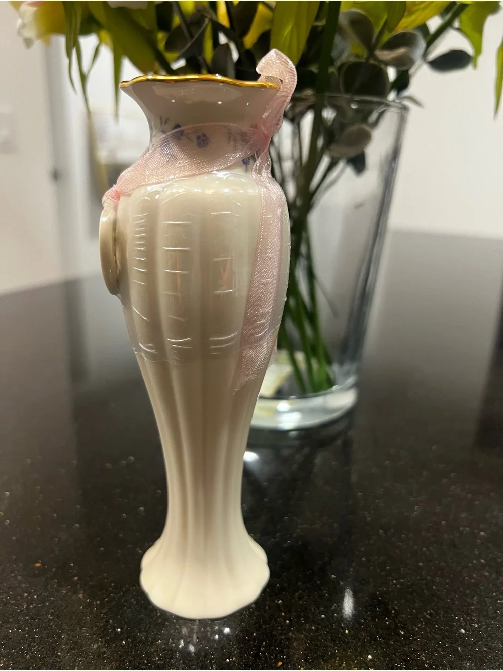 Lenox Cream Porcelain Heart Motif Bud Vase with Pink Ribbon Accent